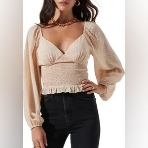 ASTR the Label Cream Sequin Check Long Sleeve Shirred Blouse Size Small